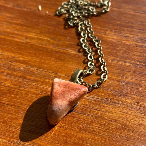 Rust Colored Triangle Polished Stone Pendant on 20 in Antique Bronze Chain - Picture 5 of 5